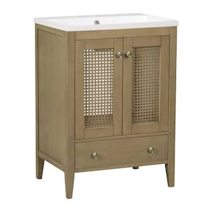 24 in. W x 18 in. D x 33.98 in. H Freestanding Bath Vanity in Natural Brown with White Ceramic Top,Single Sink,Drawer