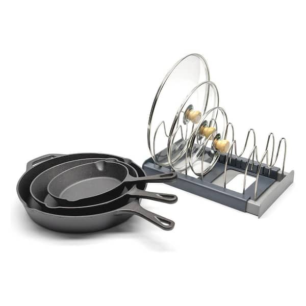 10-Piece Cast Iron Skillet Set Black Pre-Seasoned with Glass Lids Silicone Utensils Pots and Pans Organizer