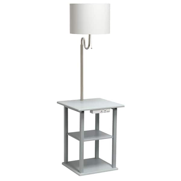 Simple Designs 57 in. Gray Standard 2-Tier Floor Lamp Combination with 2 x USB Charging Ports and Power Outlet with Fabric Shade
