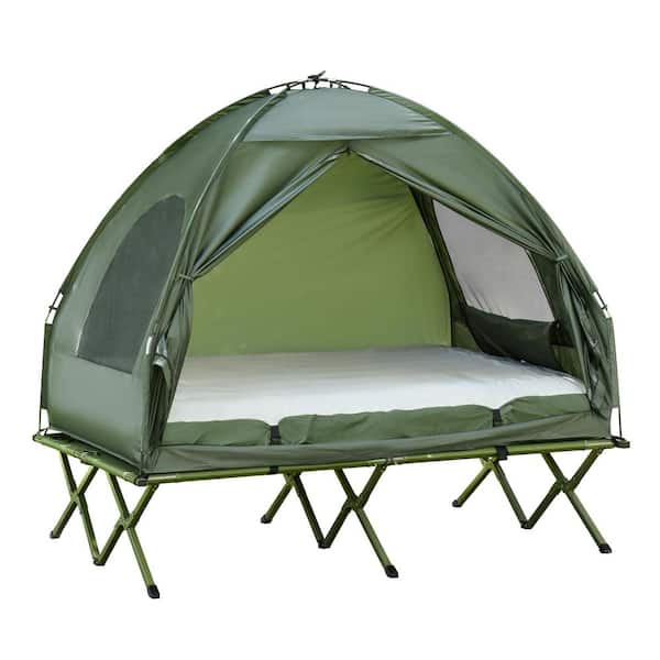 2 Person Dark Green Foldable Camping Cot with Tent, Bedspread and Thick Air Mattress, 4-In-1 Elevated Camping Tent
