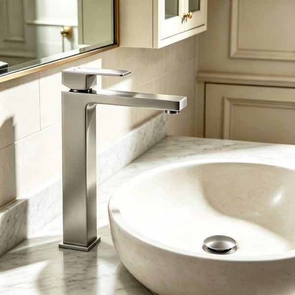 Single Handle Vessel Sink Faucet Bathroom Faucet with 15° Angled Spout Splash-Free Soft Water Flow in Brushed Nickel