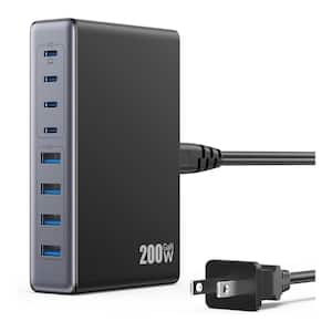 200W USB C Block USB Charging Station 8 Ports, QC4. 0 Fast Charging Station 65W USB C Laptop Charger Adapter in Black