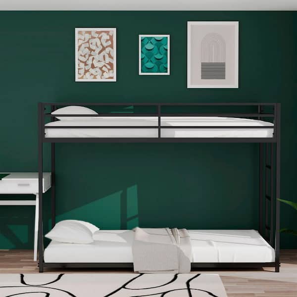 Adam Sturdy Black Twin Over Twin Bunk Bed with Ladder and Guardrails for Kids and Adult