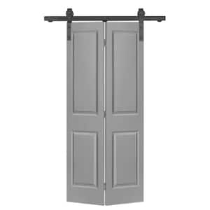 36 in. x 80 in. 2 Panel Light Gray Painted MDF Composite Bi-Fold Barn Door with Sliding Hardware Kit