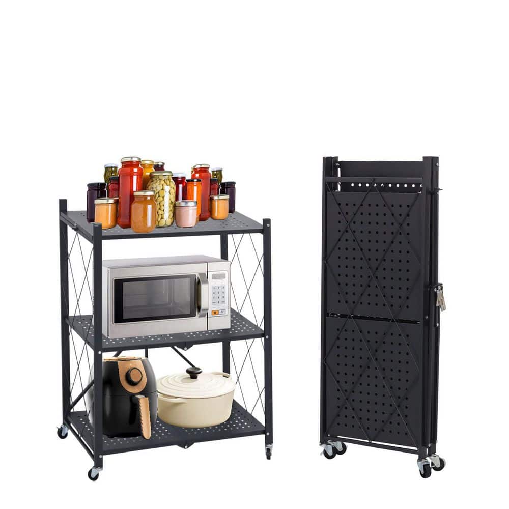 3 Tier Foldable Storage Shelf, Large Capacity Metal Shelf Rack, Rolling Bookshelf with Wheels, Black price history on PriceWatchPro