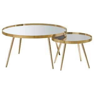 Sophia 2- Piece Mirror and Gold Round Glass Nesting Coffee Tables Set