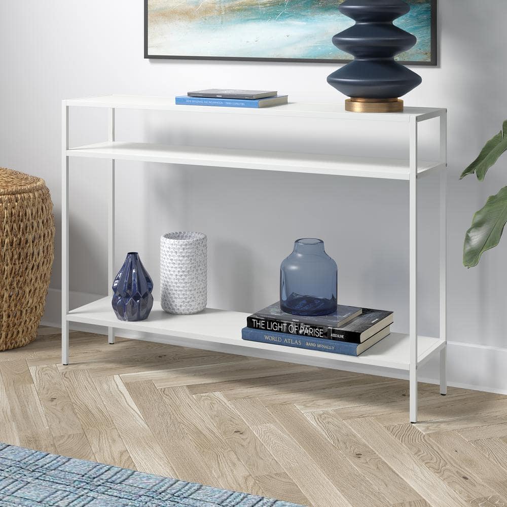 Matte White Steel Console Table with Shelves