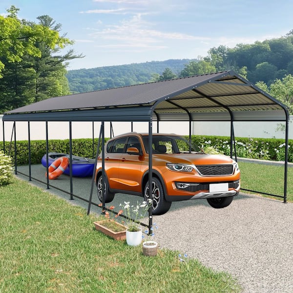 Outdoor Carport, 12x32 FT, Heavy Duty Carport with Galvanized Steel Roof and Frame, 4 Fixed inclined tube supports