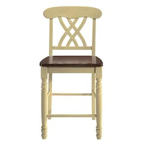 41 in. Beige and Brown High Back Wood Bar Chair with Wood Seat Set of 2