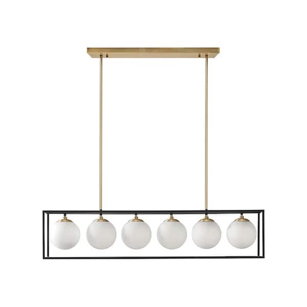 6-Light Non Dimmable Integrated LED Black Linear Chandelier Light with Frosted Glass Globe for Dining Room