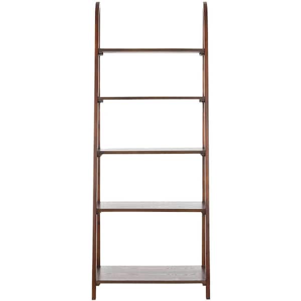 SAFAVIEH 72.2 in. Dark Teak Wood 5-shelf Ladder Bookcase with Open Back