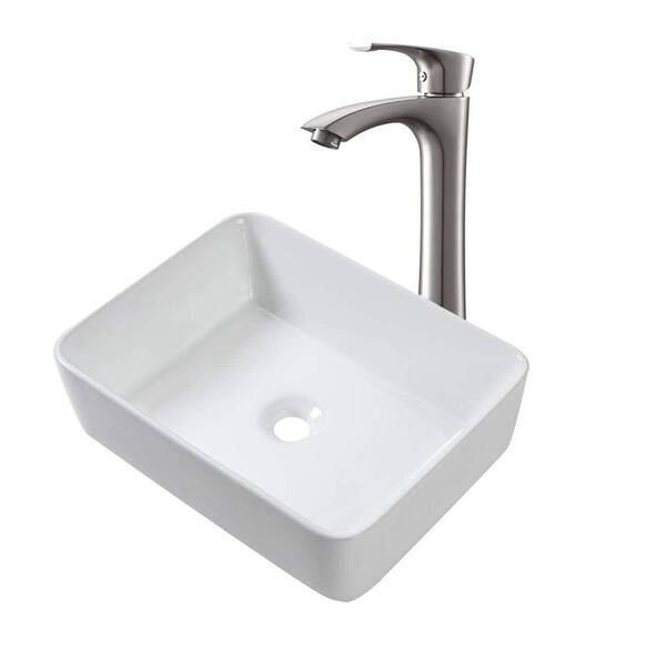 All In One Decor Bathroom Porcelain Vessel Sink 19 X 15 Rectangle White With Brushed Nickel Faucet Skslh46040ve The Home Depot - Bathroom Vessel Sinks Home Depot