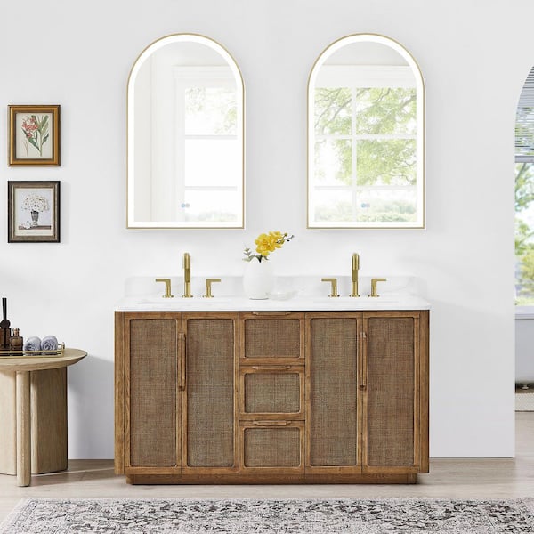 ROSWELL Busan 60 in. W x 22 in. D x 33.9 in. H Double Bath Vanity in Oak Classic Brown with White Quartz Stone Top