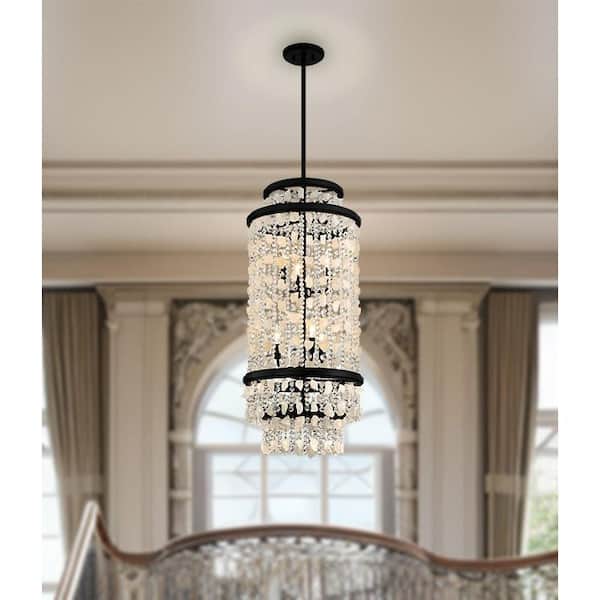 Shimmering Elegance 6-Light Quartz Crystal Sand Black Pendant Light with No Bulbs Included