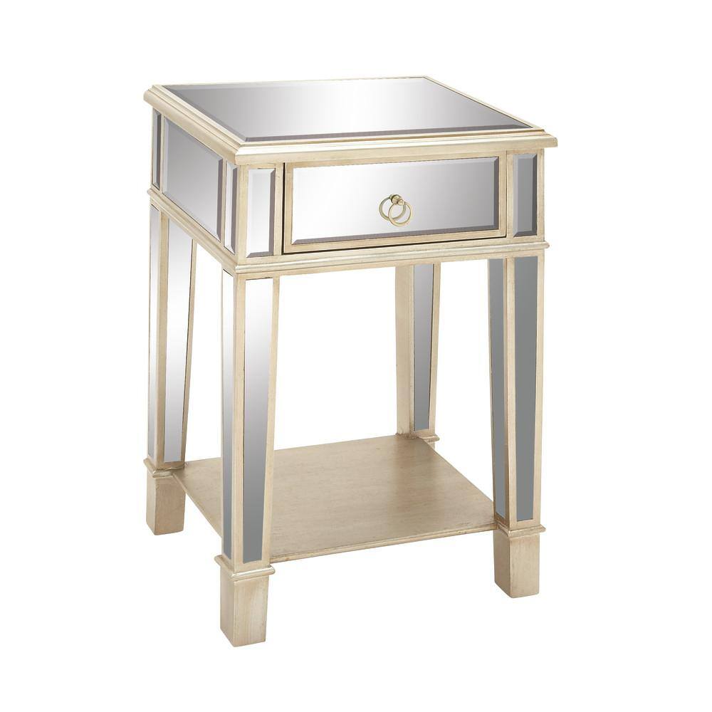 Beige Mirrored Fir Wood Accent Table with Storage