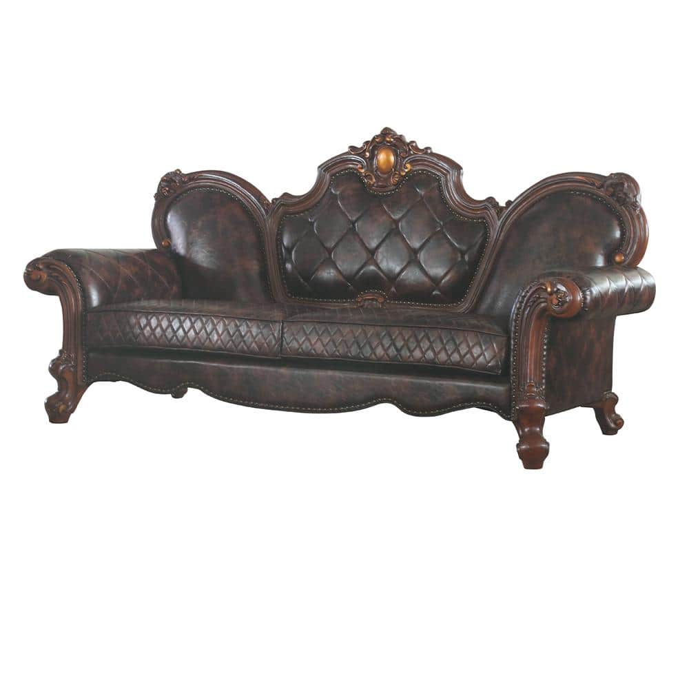 Vintage Cherry Oak Faux Leather Tufted Sofa with Nailhead Trim