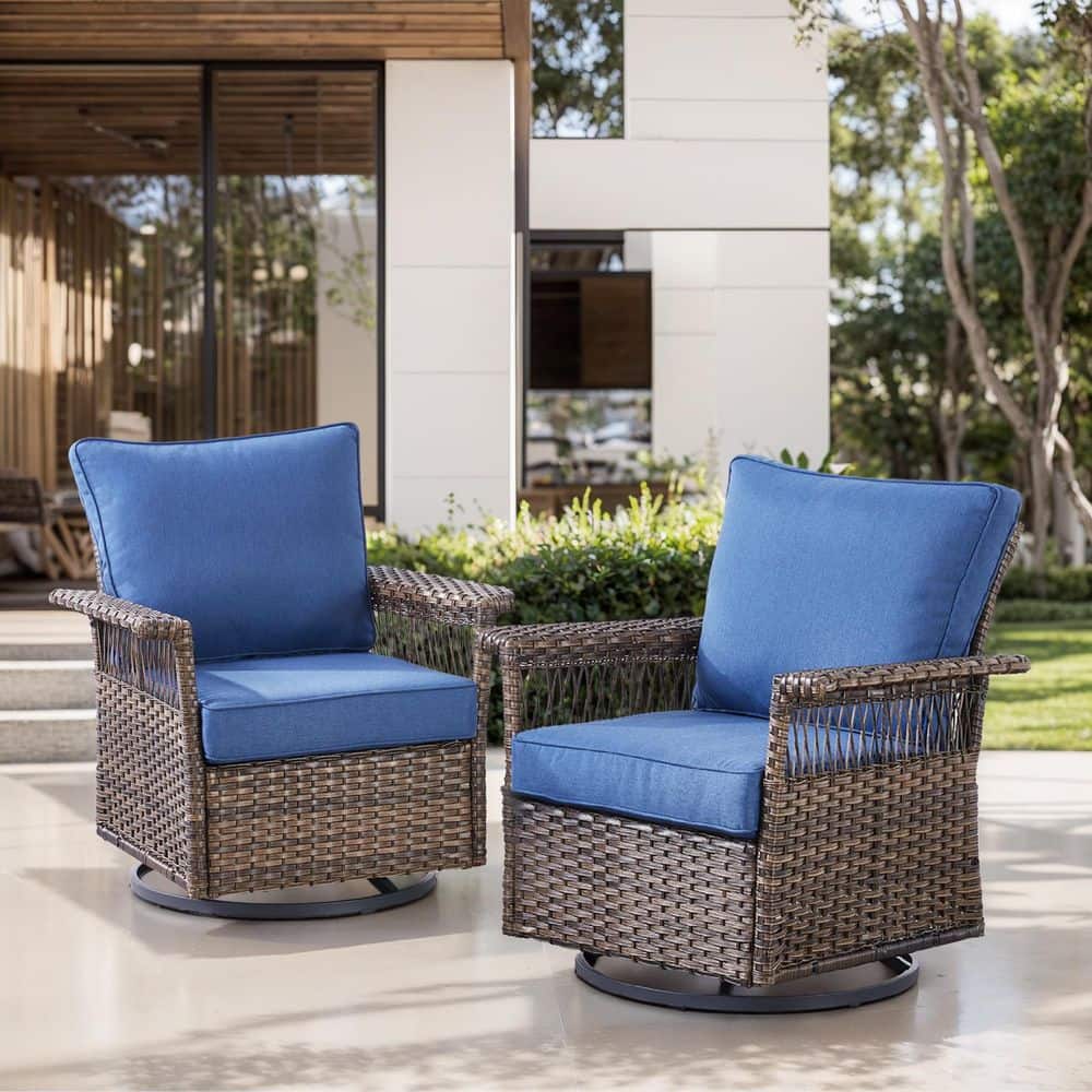 Brown Wicker Outdoor Rocking Chairs, All-Weather PE Rattan Gliders with Navy Blue Cushions for Porch or Balcony (2-Pack) price history on PriceWatchPro