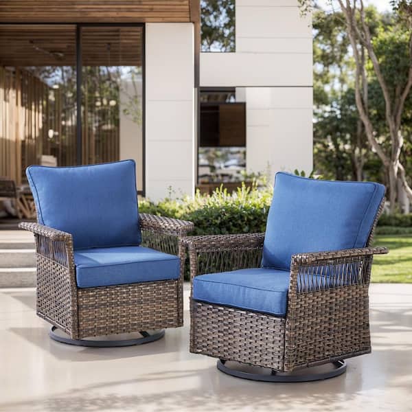 Opohoro Brown Wicker Outdoor Rocking Chairs, All-Weather PE Rattan Gliders with Navy Blue Cushions for Porch or Balcony (2-Pack)