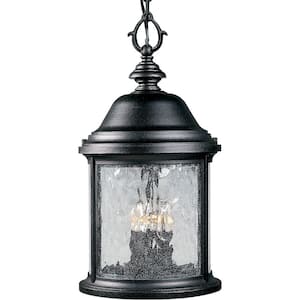 Ashmore Collection 3-Light Textured Black Water Seeded Glass New Traditional Outdoor Hanging Lantern Light