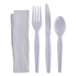 White Heavyweight Disposable Polystyrene Utensils, 4-Piece Cutlery Kit, Fork/Knife/Napkin/Teaspoon (250-Carton)