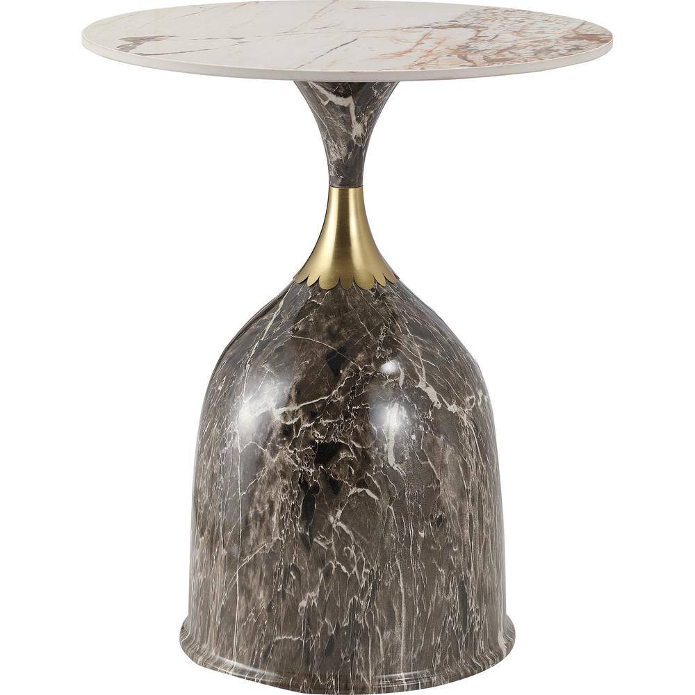 Marbled Brown Round Sintered Stone Side Table with Gold Neck