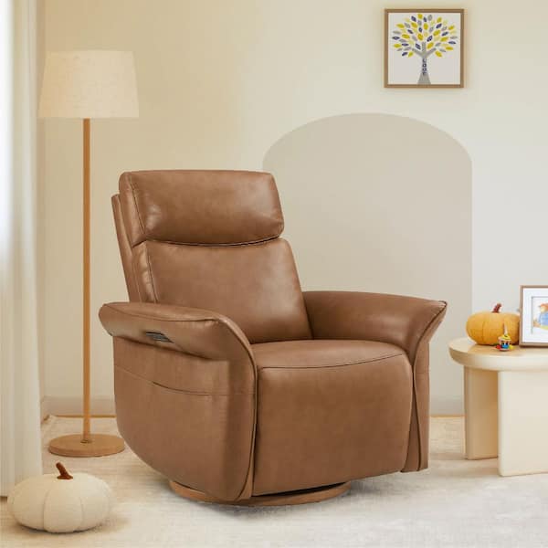 Isla Saddle Leather Triple-Motor Swivel Power Nursery Glider Recliner with Power Headrest Lumbar Support Side Pockets