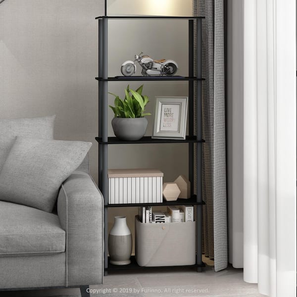 Furinno 57.4 in. Tall Black/Grey Wood 5-Shelves Etagere Bookcases