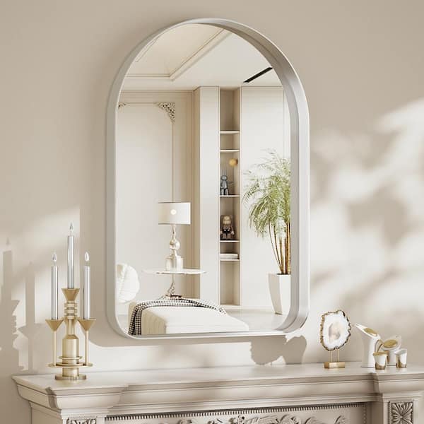 GLSLAND 26 in. W x 38 in. H Arch Metal Deep Framed Wall Bathroom Vanity Mirror Silver
