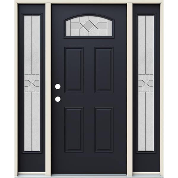 JELD-WEN 60 in. x 80 in. Right-Hand Camber Top Caldwell Decorative Glass Black Steel Prehung Front Door with Sidelites