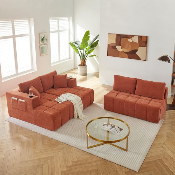 132.48 in. W U-Shaped Square Arm Chenille Modular Upholstered Sectional Sofa in Orange with Cup Holders and Side Pockets
