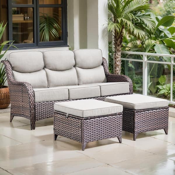 Arcadia 3-Piece Brown Wicker Outdoor 3-Seat Couch with High Curved Back and 6 in. Thick Beige Cushions and Ottomans