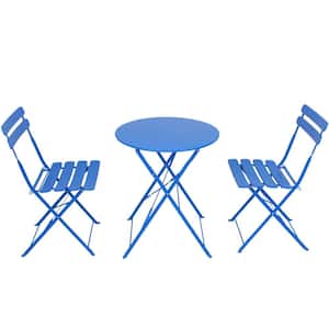 3-Piece Metal Round Outdoor Bistro Set with 2 Slat Patio Folding Chairs in Blue