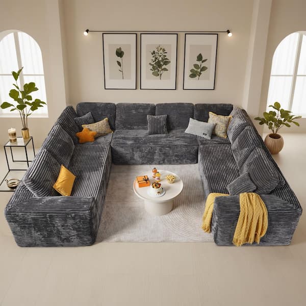 VE 135 in. Wide Arm 5-Piece Modern Plush Corduroy Deep Seat U-Shape Modular Sectional Sofa in. Gray