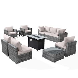 Sanibel Gray 11-Piece Wicker Patio Conversation Fire Pit Sectional Sofa Set with Swivel Chairs and Beige Cushions