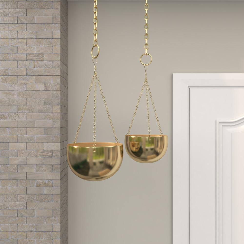Set of 2 Gold Metal Hanging Planters with Chains