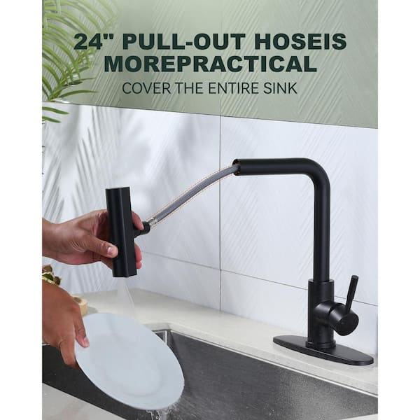 Stainless Steel 13.5 in. H Single Handle 360° Swivel Pull Out Sprayer Kitchen Faucet w/3-Spray Modes in Matte Black
