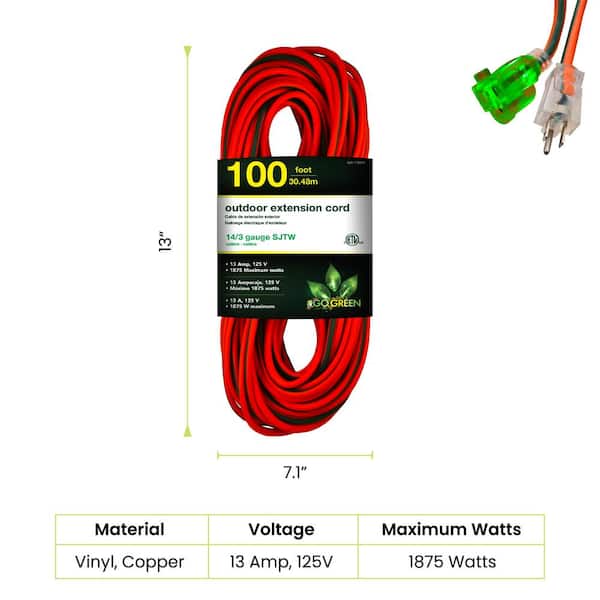 GoGreen Power 100 ft. 14/3 SJTW Outdoor Extension Cord, Orange with Lighted  Green End GG-13800 The Home Depot