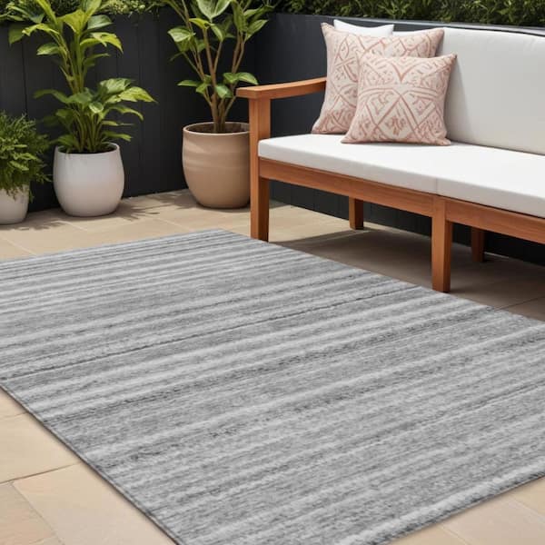 Gray, Silver, Charcoal 8 ft. x 10 ft.  Woven Striped Polyester Rectangle Indoor / Outdoor Area Rug