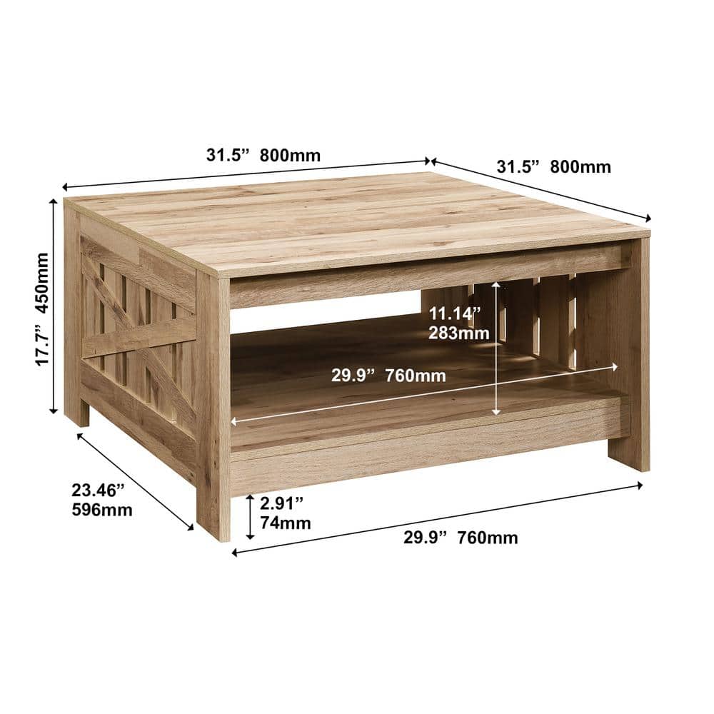 Rustic Oak Square Wood Coffee Table with Shelf