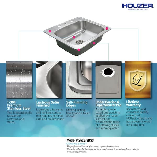 Houzer Glowtone 25 in. Stainless Steel Topmount 3-hole Single Bowl 8 in. Deep Kitchen Sink - 2522-8BS3-1
