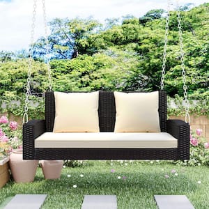 50in. 2-Person Dark Brown Wicker Hanging Porch Swing Bench with Beige Cushions, Chains and Pillow