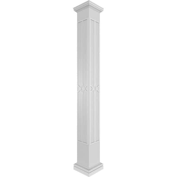 Ekena Millwork 11-5/8 in. x 8 ft. Premium Square Non-Tapered Cedar Park Fretwork PVC Column Wrap Kit with Tuscan Capital and Base