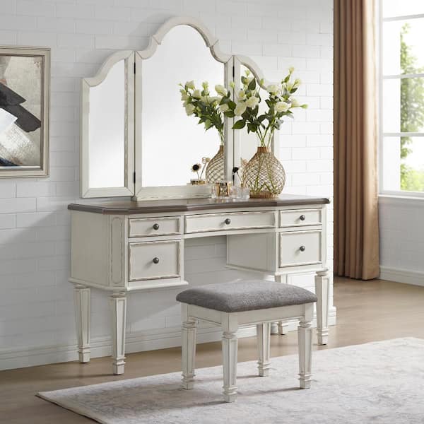 Oak 2 Piece Tri Fold Mirror Vanity Set, Antique Dresser And Vanity Set