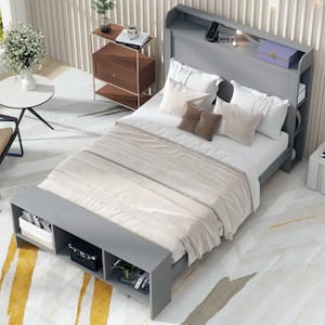 Gray Wood Frame Full Size Platform Bed with Storage Headboard and Footboard, Shelves, LED Light, USB ports