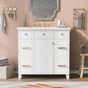 36 in. W x 18 in. D x 34 in. H Freestanding Bath Vanity in White with White Resin Single Sink and 3-Drawers