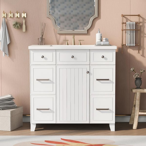 Zeus & Ruta 36 in. W x 18 in. D x 34 in. H Freestanding Bath Vanity in White with White Resin Single Sink and 3-Drawers