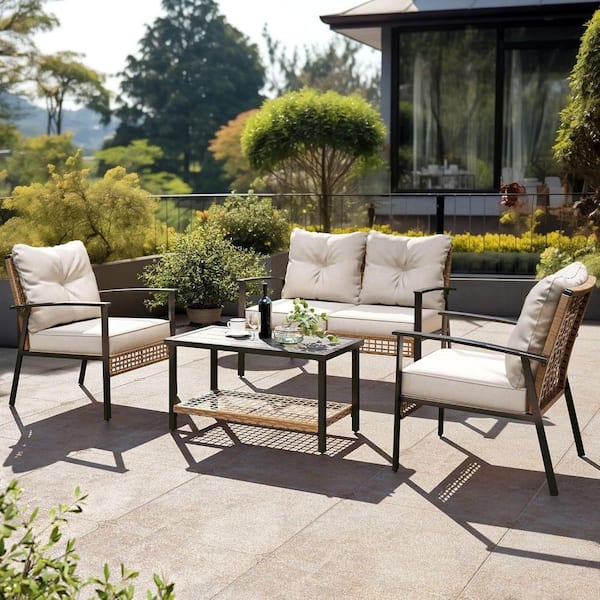 Brown 4-Piece Wicker Patio Conversation Set with Beige Cushions