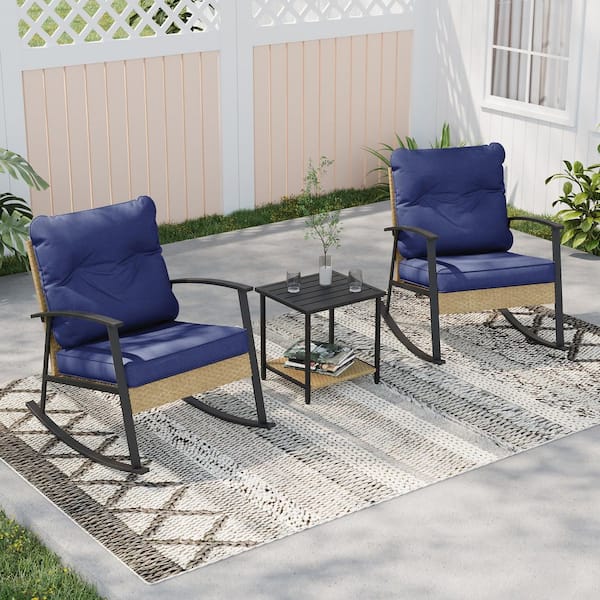 Sonkuki 3-Piece Steel Frame Patio Bistro Set, Rocking Chair Modern Patio Furniture Sets with Side Table and Navy Blue Cushions