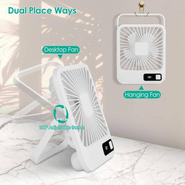 Adrinfly - Mini Micro-USB Powered 5 in. 5 fan speeds Desk Fan in White, Adjustment Strong Airflow Quiet Travel Fan with LCD Display
