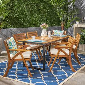Lovell Teak Brown 7-Piece Wood Outdoor Dining Set with Cream Cushions